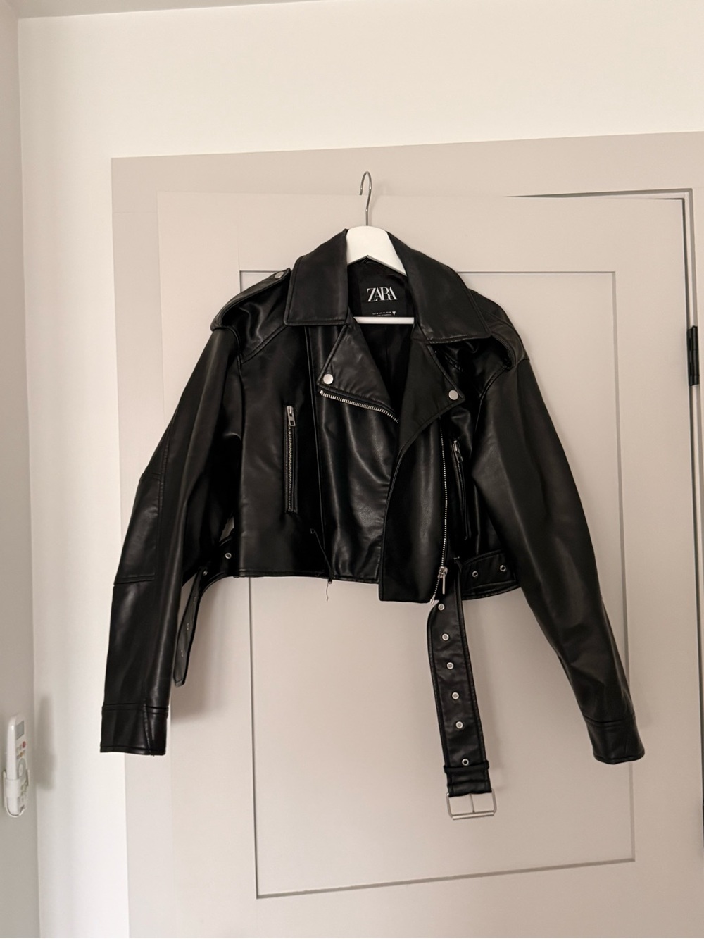 Zara Black Cropped Moto Leather Jacket with Belt